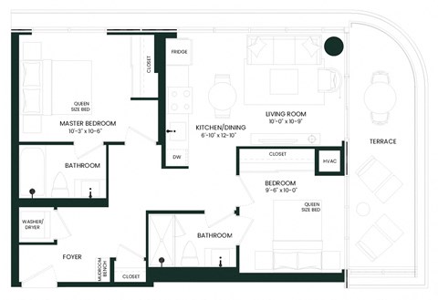 Floor plan for 2 beds, 2 baths, 731 sqft